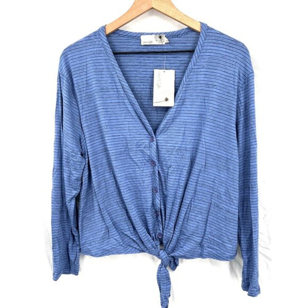 NEW Everleigh blue striped tie front cropped‎ long sleeve blouse t-shirt top L